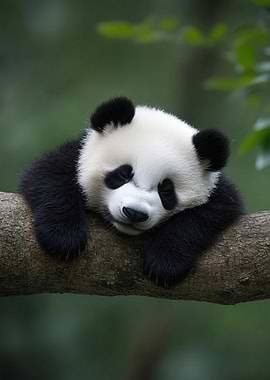 Adorable Panda Cub Sleeping on a Tree Branch