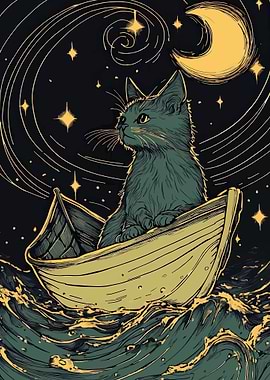Cat in a Boat Under the Moon