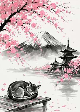 Sleeping Cat Under Cherry Blossoms