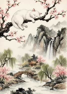 Cat Sleeping on Cherry Blossom Branch