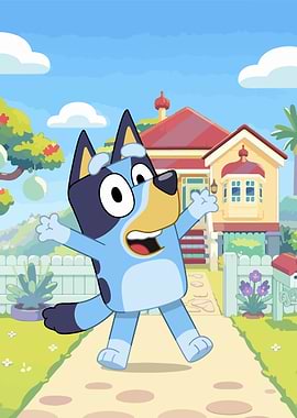 Bluey the dog in a backyard