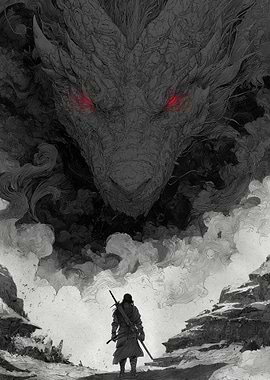 Warrior faces a colossal dragon