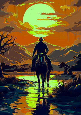 Cowboy Riding Horse Through Water at Sunset