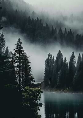 Misty Forest by the Lake