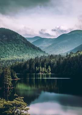 Misty Mountains Reflecting in a Serene Lake
