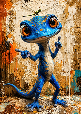 Blue Gecko with Dragonfly