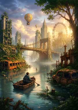 Post-apocalyptic city with a lone traveler
