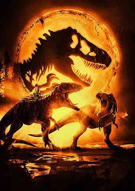 Dinosaurs in a fiery landscape