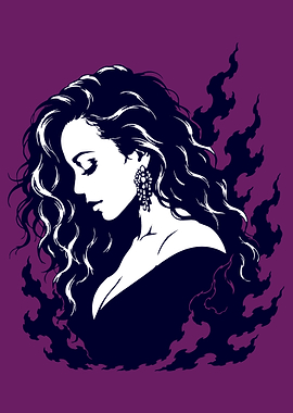 Mariah with flowing dark hair and flames