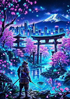 Samurai in Neon Japanese Landscape