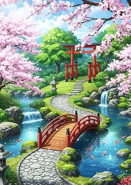 Serene Japanese Garden with Cherry Blossoms