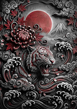 Fierce Tiger with Japanese Elements
