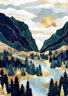Golden Sun Over Mountain Landscape