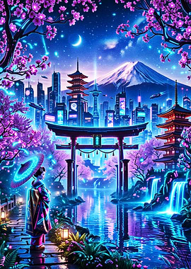 Cyberpunk Geisha in Neon Japanese Cityscape