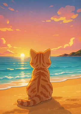 Kitten Watching a Sunset on the Beach