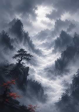 Misty Mountain Landscape with Pine Tree