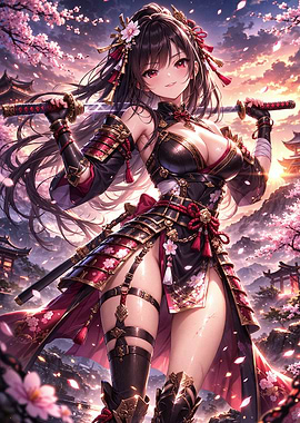 Samurai Woman with Swords and Cherry Blossoms