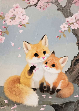 Two Foxes Under Cherry Blossoms in Rain