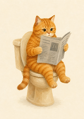 Funny Bathroom Orange Tabby Cat Reading Newspaper on Bathroom Restroom Wall Art
