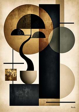 Golden Japandi Bonsai No. 07 – Japanese Geometric Wall Art