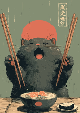 Cat Eating Ramen with Chopsticks