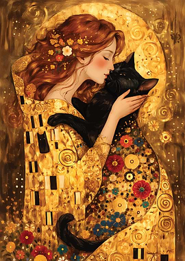 Woman Embracing Black Cat in Klimt Style