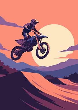 Motocross Rider Jumps at Sunset