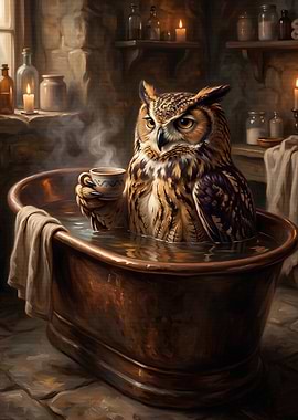 Owl Enjoying a Bath with Coffee