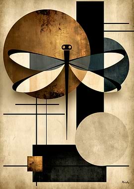Golden Japandi Dragonfly No. 17 – Japanese Geometric Wall Art