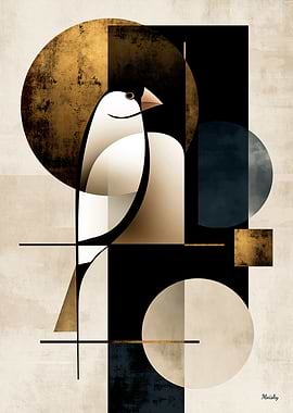 Golden Japandi Java Sparrow No. 04 – Japanese Geometric Wall Art