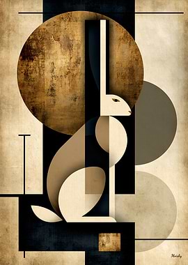 Golden Japandi Moon Hare No. 02 – Japanese Geometric Wall Art
