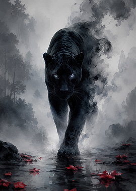 Mystical Black Panther in Smoky Forest