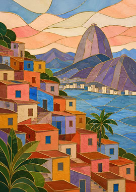 Colorful Favela with Mountain and Sea View