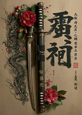 Samurai Sword with Dragon and Camellias