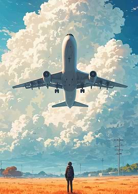 Child watches airplane ascend into clouds