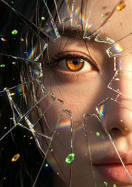 Close-up of a woman's eye through broken glass