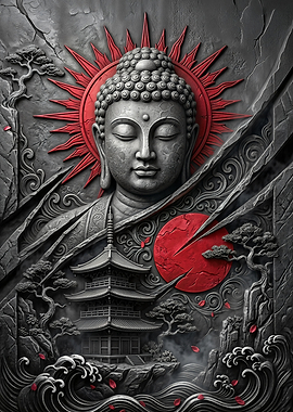 Buddha with Japanese Pagoda and Sun