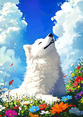 White Wolf in a Field of Flowers