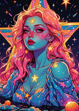 Cosmic Woman with Pink Hair and Stars