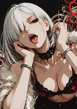 Anime Girl with White Hair and Red Lingerie
