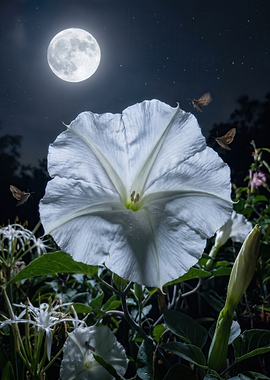 Moonlit Night Blooming Flower with Moths
