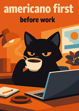 Black cat with americano before work