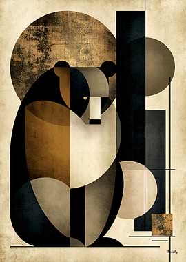 Golden Japandi Panda No. 05 – Geometric Wall Art