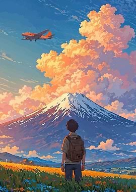 Boy Gazing at Mount Fuji and Airplane