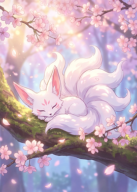 Cute Fantasy Kitsune Fox Napping on Cherry Blossom