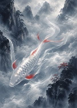 Mythical Koi Fish in Misty Mountains