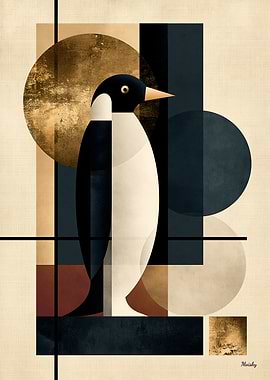 Golden Japandi Penguin No. 08 – Geometric Wall Art