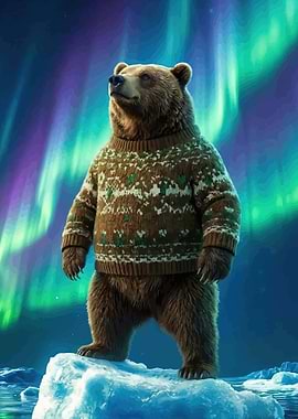 Bear in Sweater Under Aurora