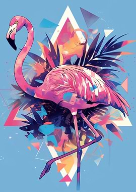 Vibrant Flamingo with Geometric and Floral Elements