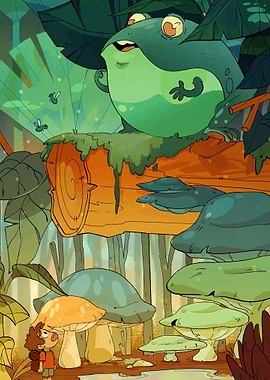 Frog and child in a mushroom forest